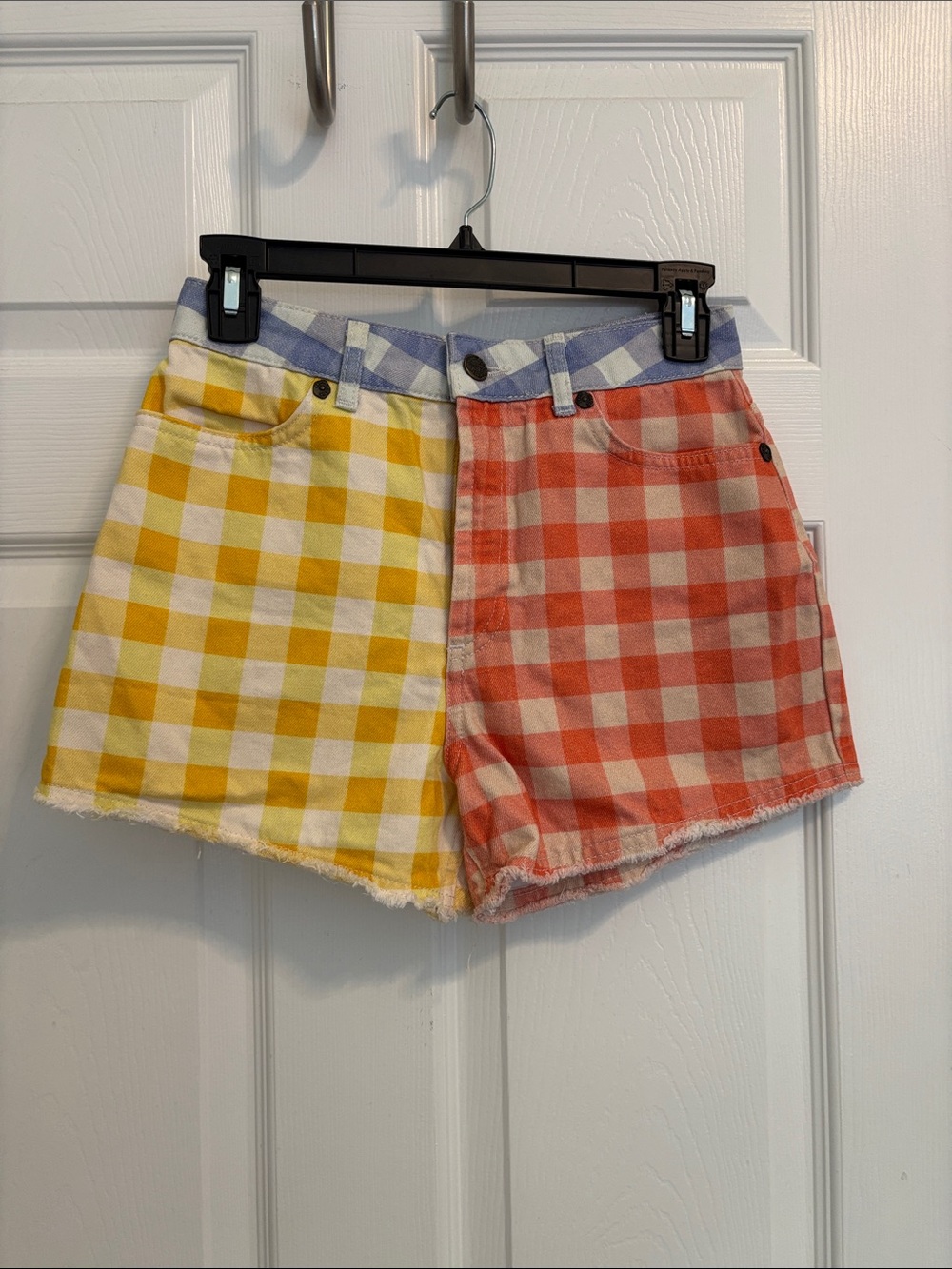 FARM Rio Two-Tone Gingham High-Rise Shorts — Yellow, Orange & Blue Trim ws22
